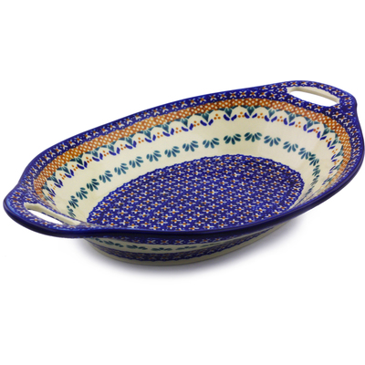 Polish Pottery Bowl with Handles 13&quot; Blue Cress