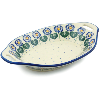 Polish Pottery Bowl with Handles 13&quot; Blue Daisies