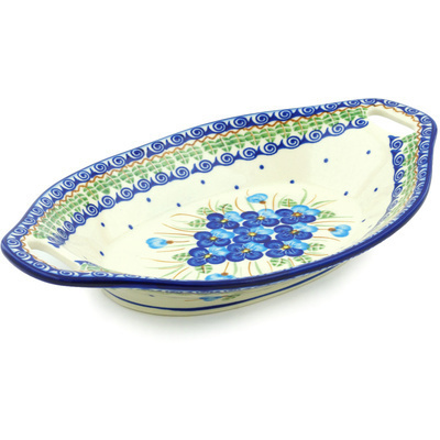 Polish Pottery Bowl with Handles 13&quot; Blue Pansy