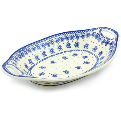 Polish Pottery Bowl with Handles 13" Blue Pattern
