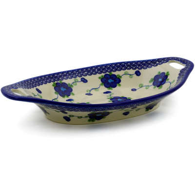 Polish Pottery Bowl with Handles 13&quot; Blue Poppies