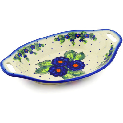Polish Pottery Bowl with Handles 13&quot; Bold Blue Pansy
