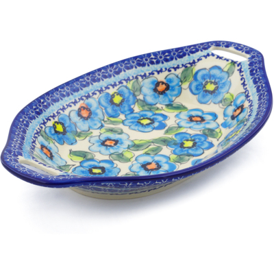 Polish Pottery Bowl with Handles 13&quot; Bold Blue Poppies UNIKAT