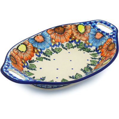 Polish Pottery Bowl with Handles 13&quot; Bold Poppies