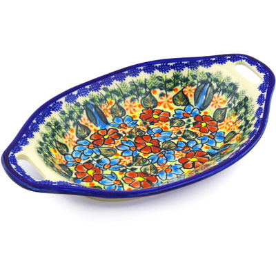 Polish Pottery Bowl with Handles 13&quot; Bold Poppies UNIKAT