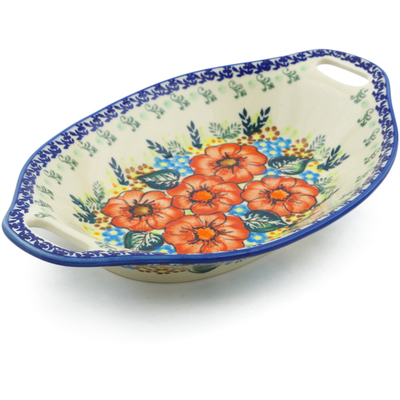 Polish Pottery Bowl with Handles 13&quot; Bold Red Poppies UNIKAT