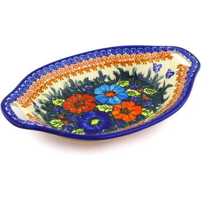 Polish Pottery Bowl with Handles 13&quot; Butterfly Splendor UNIKAT