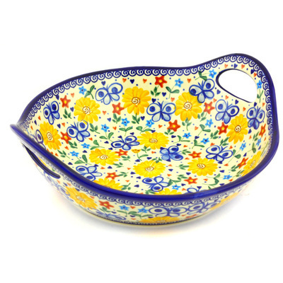 Polish Pottery Bowl with Handles 13&quot; Butterfly Sunshine UNIKAT
