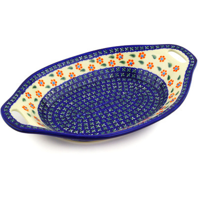 Polish Pottery Bowl with Handles 13&quot; Daisy Stitches