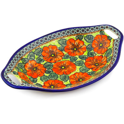 Polish Pottery Bowl with Handles 13&quot; Fiery Poppies UNIKAT