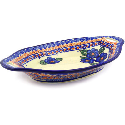 Polish Pottery Bowl with Handles 13&quot; Greek Poppies