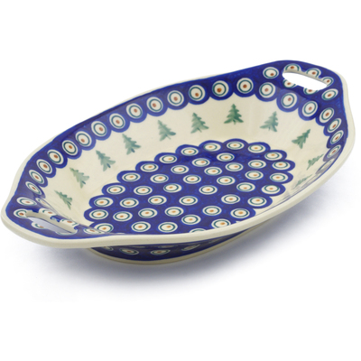 Polish Pottery Bowl with Handles 13&quot; Peacock Pines