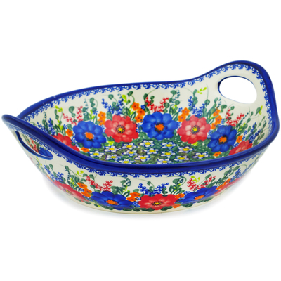 Polish Pottery Bowl with Handles 13&quot; Polish Garden UNIKAT