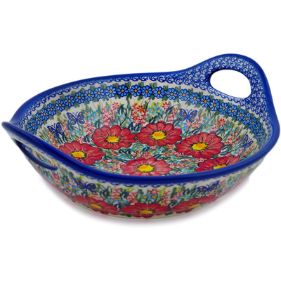 Polish Pottery Bowl with Handles 13&quot; Red Hibiscus UNIKAT