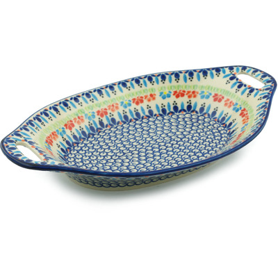 Polish Pottery Bowl with Handles 13" Spring Flowers