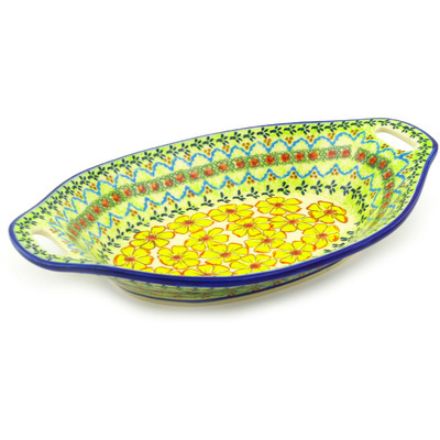Polish Pottery Bowl with Handles 13&quot; Yellow Sunshine