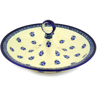 Polish Pottery Bowl with Handles 14&quot; Forget Me Not Dots