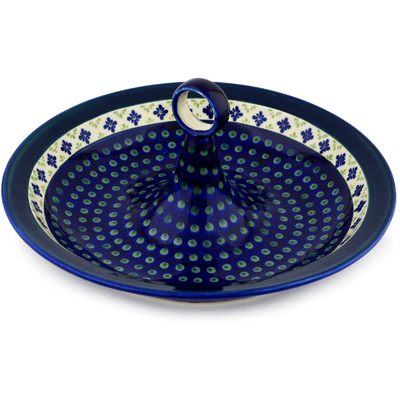 Polish Pottery Bowl with Handles 14&quot; Green Gingham Peacock