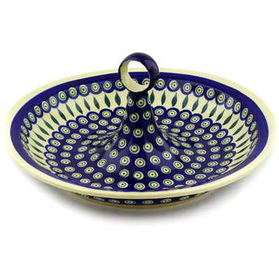 Polish Pottery Bowl with Handles 14&quot; Peacock Leaves