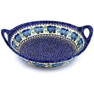 Polish Pottery Bowl with Handles 15-inch Blue Bulbs