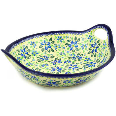 Polish Pottery Bowl with Handles 15-inch Blue Clematis