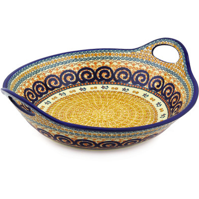 Polish Pottery Bowl with Handles 15-inch Cinnamon Swirl UNIKAT