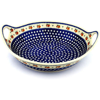 Polish Pottery Bowl with Handles 15-inch Country Apple Peacock