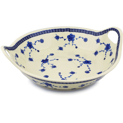 Polish Pottery Bowl with Handles 15-inch Delicate Poppy