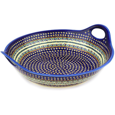 Polish Pottery Bowl with Handles 15-inch Floral Peacock UNIKAT
