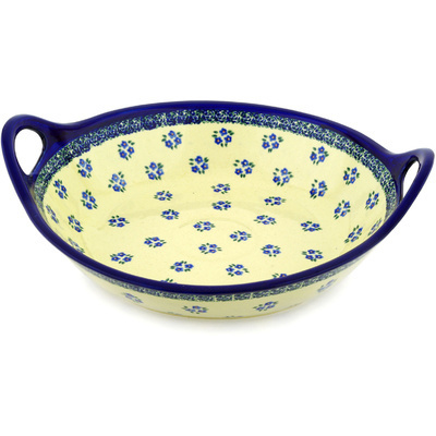 Polish Pottery Bowl with Handles 15-inch Forget Me Not Dots