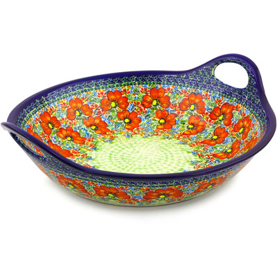 Polish Pottery Bowl with Handles 15-inch Garden Meadow UNIKAT