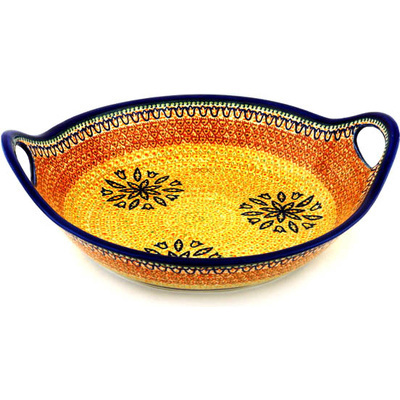 Polish Pottery Bowl with Handles 15-inch Golden Tulip UNIKAT