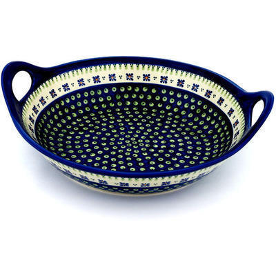 Polish Pottery Bowl with Handles 15-inch Green Gingham Peacock