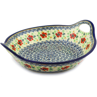 Polish Pottery Bowl with Handles 15-inch Nightingale Flower