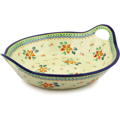 Polish Pottery Bowl with Handles 15-inch Orange Clematis