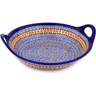 Polish Pottery Bowl with Handles 15-inch Orange Daisy Swirl