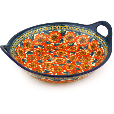 Polish Pottery Bowl with Handles 15-inch Peach Poppies UNIKAT