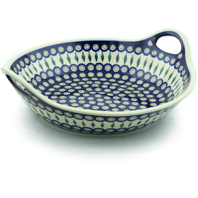 Polish Pottery Bowl with Handles 15-inch Peacock Leaves