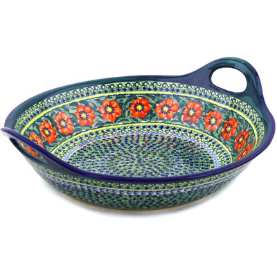 Polish Pottery Bowl with Handles 15-inch Poppies All Around UNIKAT
