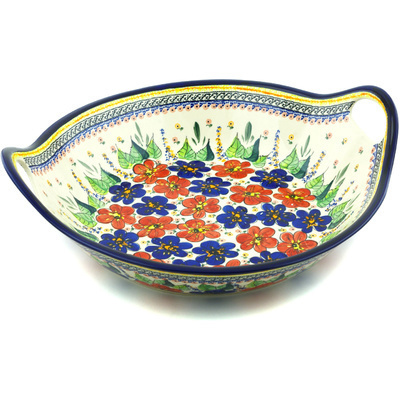 Polish Pottery Bowl with Handles 15-inch Summer Sleandor UNIKAT