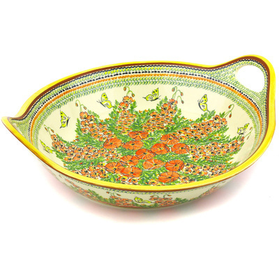 Polish Pottery Bowl with Handles 15-inch Summer Splendor UNIKAT