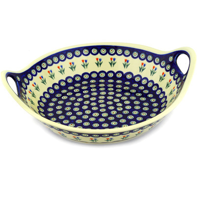 Polish Pottery Bowl with Handles 15-inch Tulip Pair Peacock