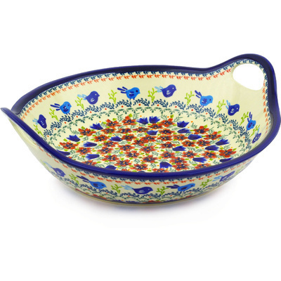 Polish Pottery Bowl with Handles 15-inch Vine Birds UNIKAT
