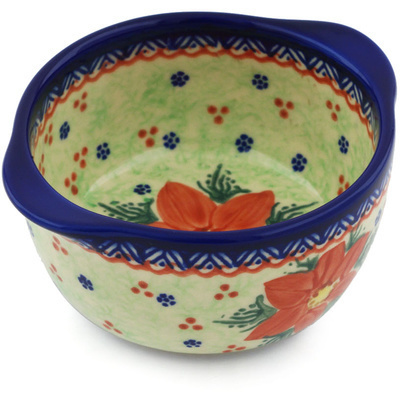Polish Pottery Bowl with Handles 5&quot; Poinsettia UNIKAT