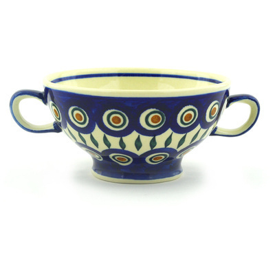 Polish Pottery Bowl with Handles 7&quot; Blue Peacock