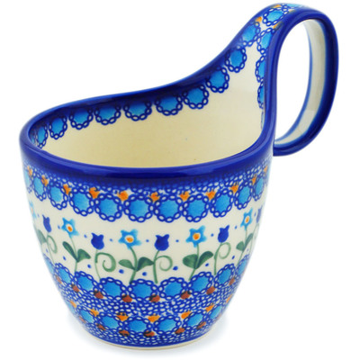 Polish Pottery Bowl with Handles 7&quot; Blue Tulip Garden UNIKAT