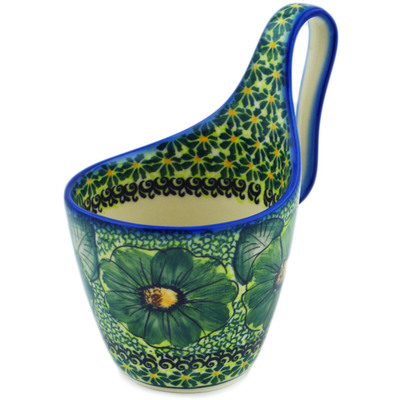 Polish Pottery Bowl with Handles 7&quot; Green Fantasy UNIKAT