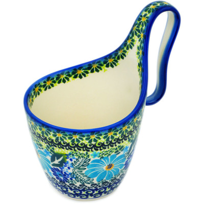 Polish Pottery Bowl with Handles 7&quot; Soft Blue Petals UNIKAT