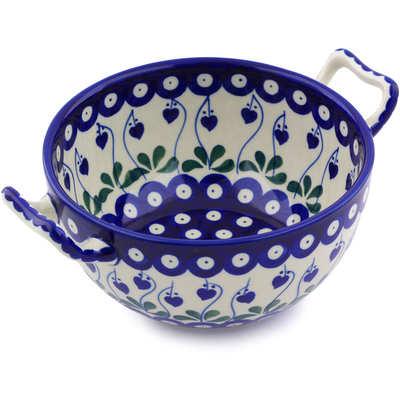 Polish Pottery Bowl with Handles 8&quot; Bleeding Heart Peacock