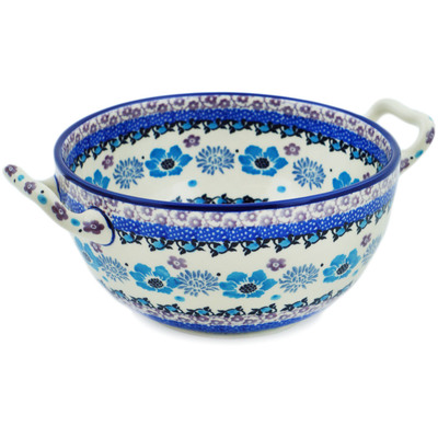 Polish Pottery Bowl with Handles 8&quot; Blooming Blues